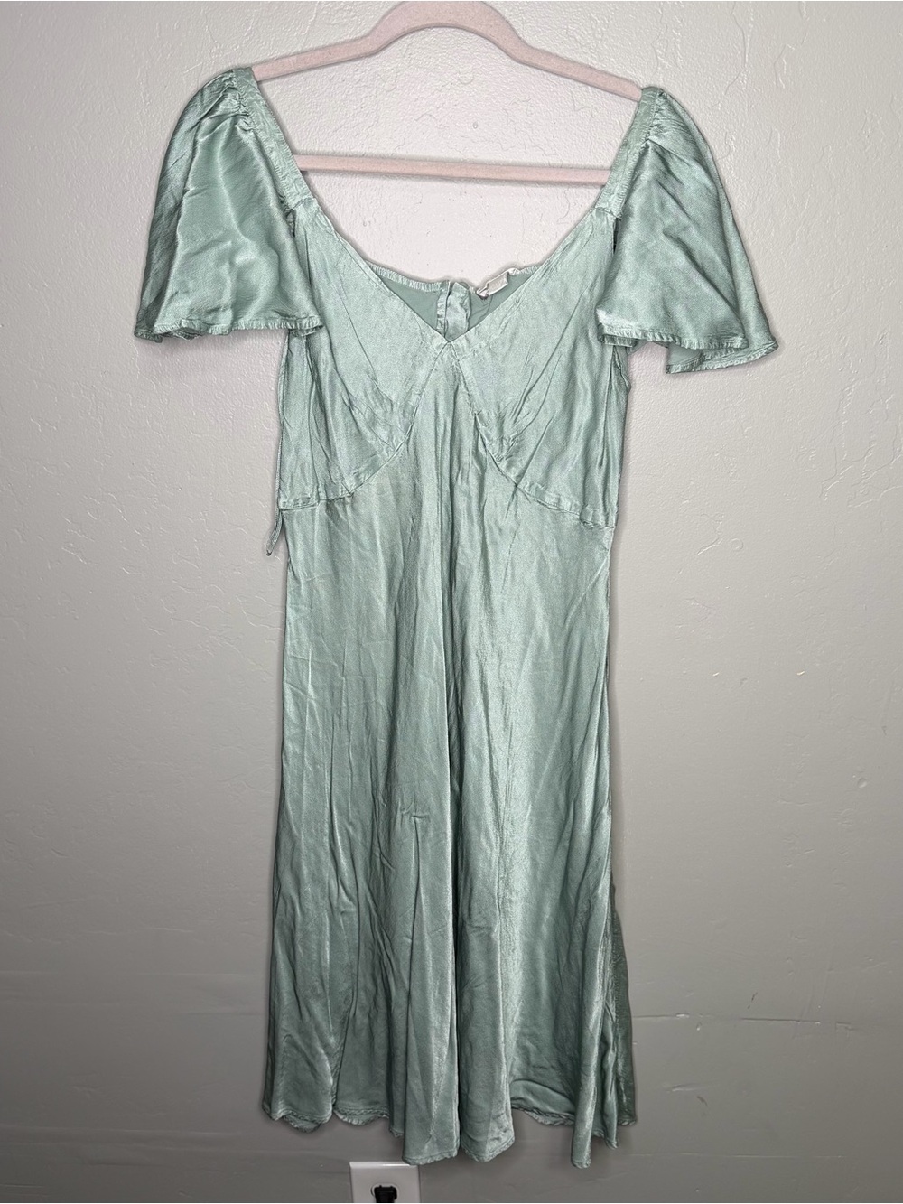 Ghost London Sage Green Satin Flutter Sleeve Midi Dress XL